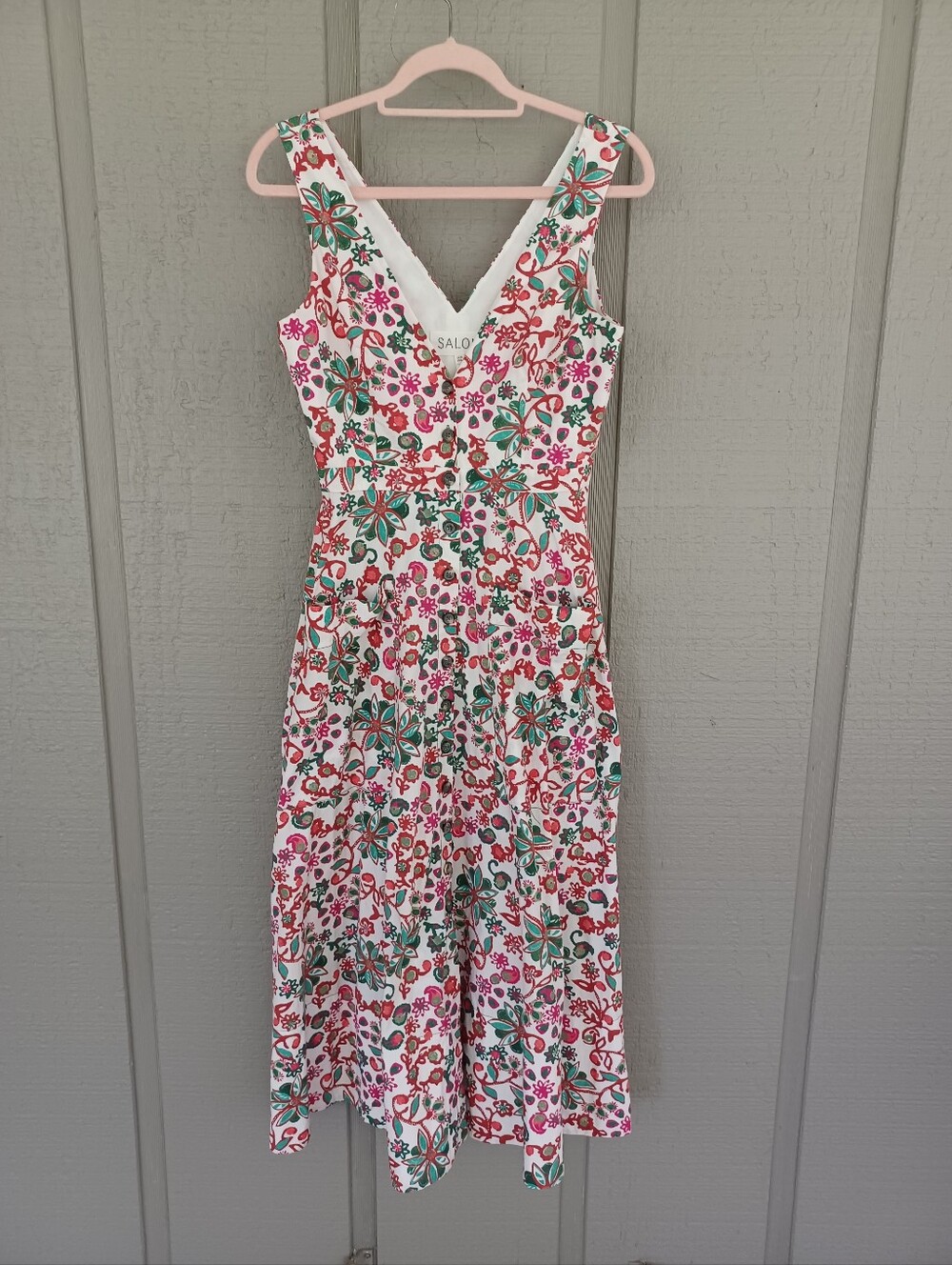 Saloni Zoey Floral Midi Dress Size 6 Cotton Sleeveless Pockets Button Front - Picture 2 of 16